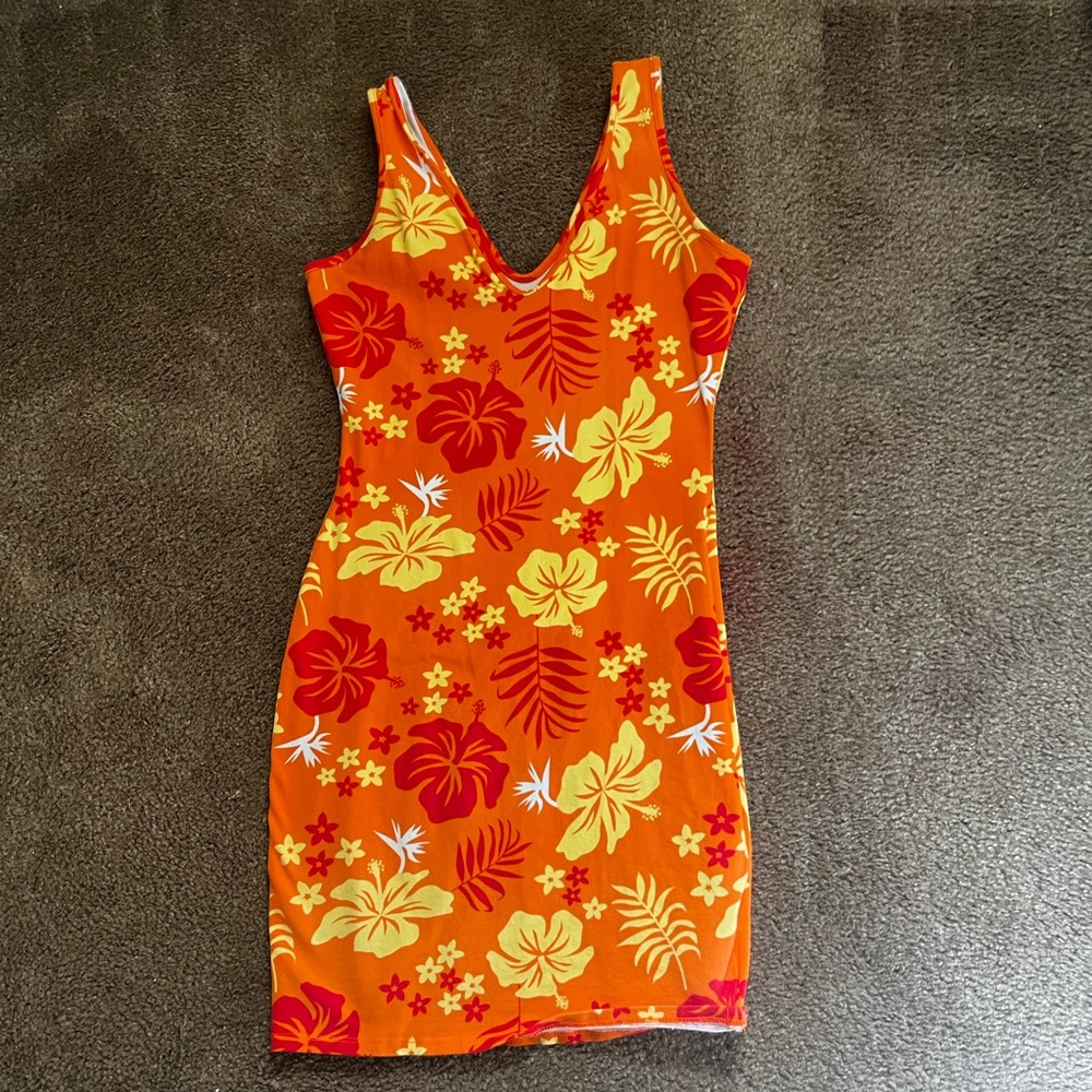 Floral Orange and Red Sleeveless Dress